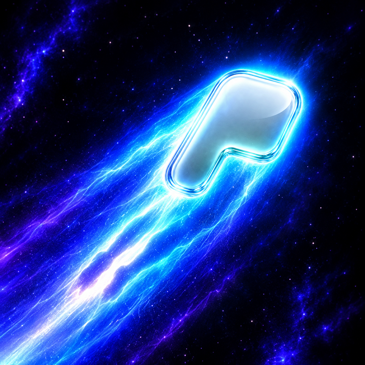 Electric blue Pons symbol racing through a star field